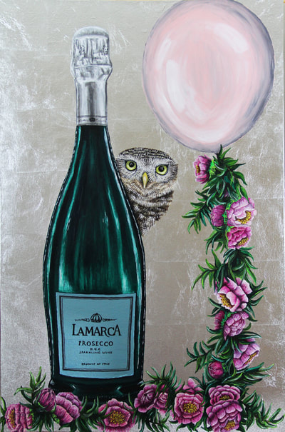 "Did Someone Say ... Prosecco?" Acrylic painting with metallic accents and silver leaf background. 24 inches by 36 inches on stretched canvas. November 2017. Original for sale - no prints to be made. 